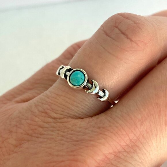 Sterling Silver 925 Dainty Minimalist Crescent Moon Turquoise Band Ring Sz 5.75 - Picture 4 of 16
